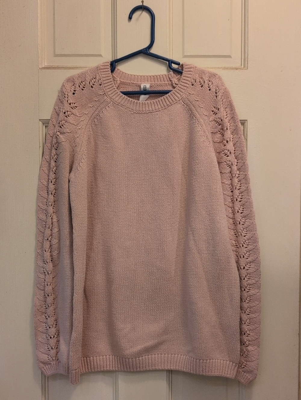Girls' Blush Pink Knit Sweater with Lace-Detail Sleeves
